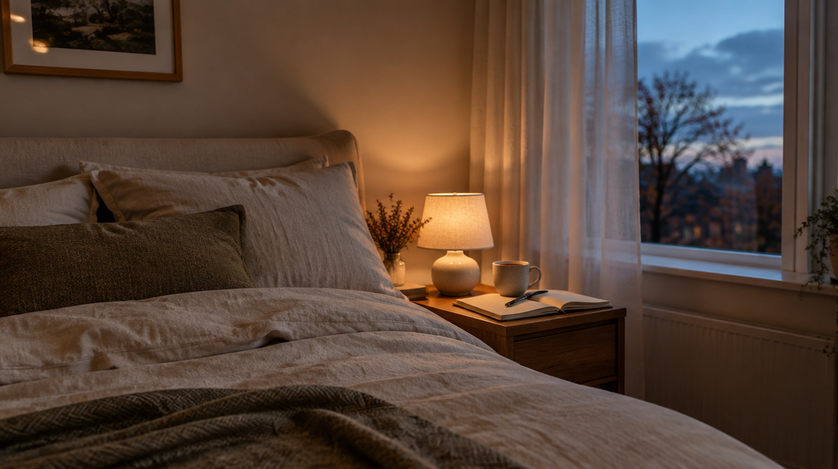 Calm UK bedroom at dusk with a notebook and herbal tea by the bed, a wind-down setup to help stop overthinking at night
