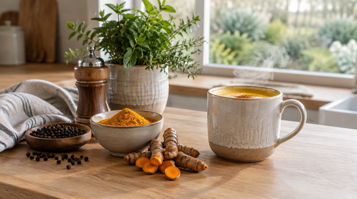 Turmeric and black pepper on a kitchen worktop beside a mug of golden milk in soft morning light