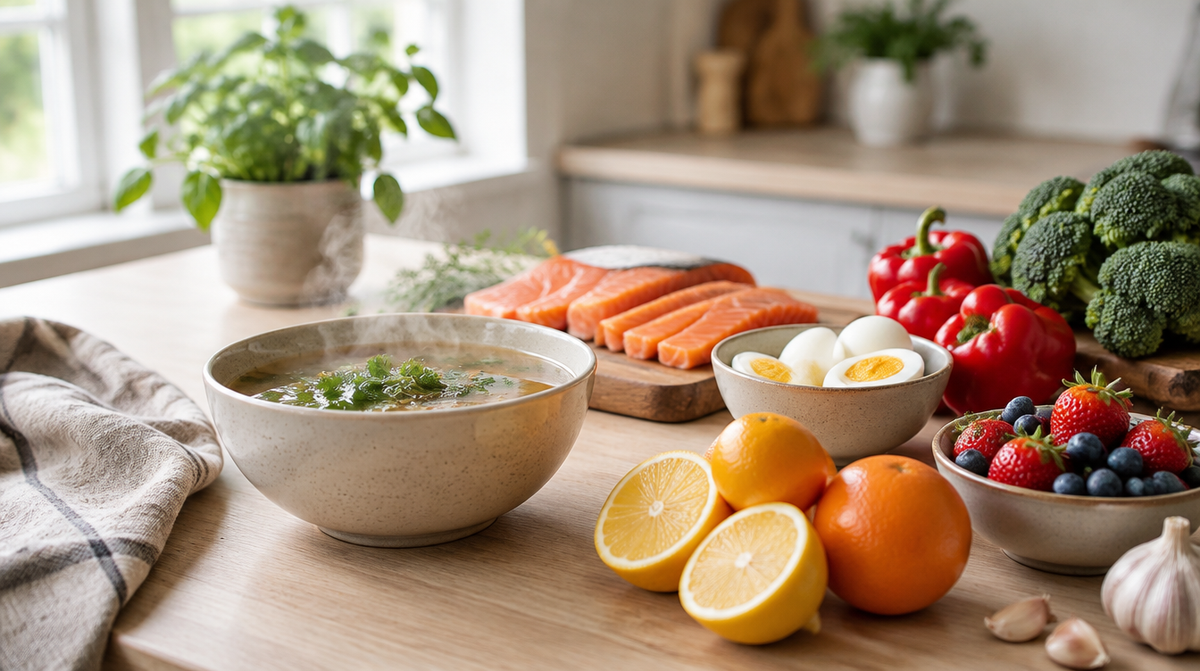 Collagen rich foods on a kitchen worktop: bone broth, salmon, eggs, citrus fruit, berries, peppers and broccoli