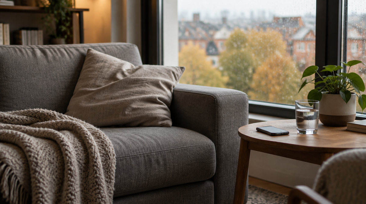 Grey sofa with a blanket by a rainy window in a calm UK flat, ready for a short afternoon power nap