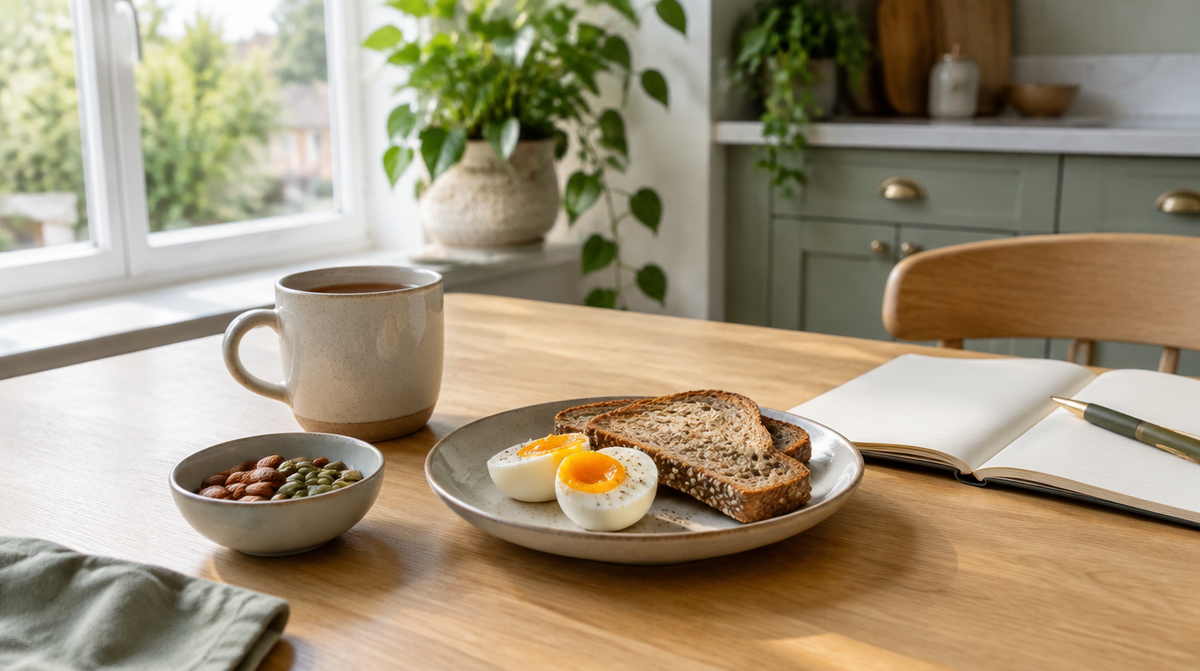 Calm UK kitchen table with tea, eggs, toast and seeds, foods that naturally contain the amino acid behind L-tyrosine benefits