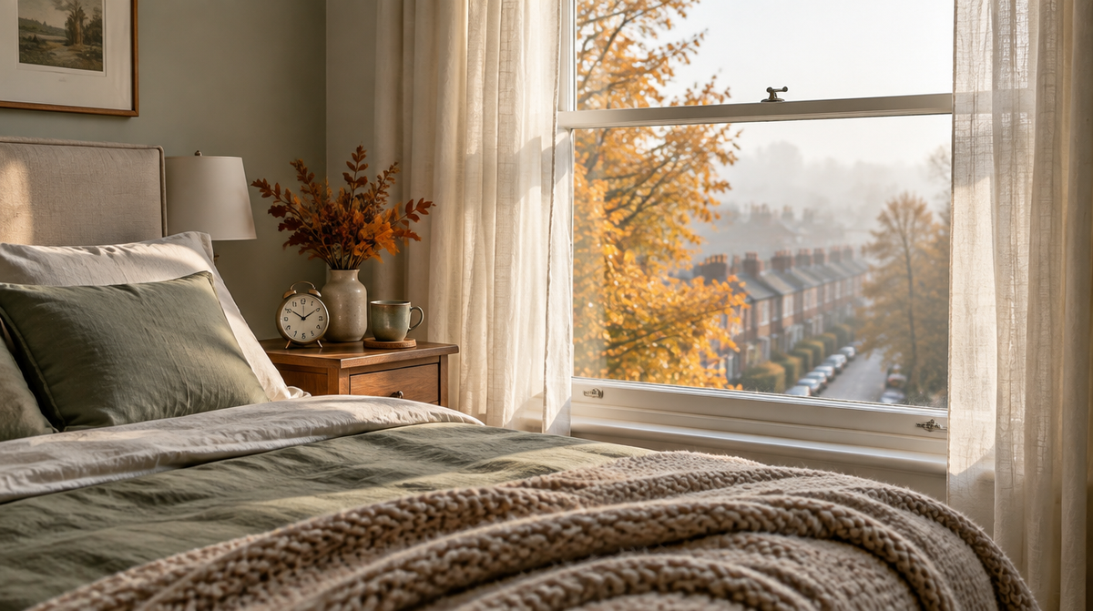 Calm UK bedroom on an autumn morning with soft daylight and an alarm clock, illustrating sleep when the clocks go back