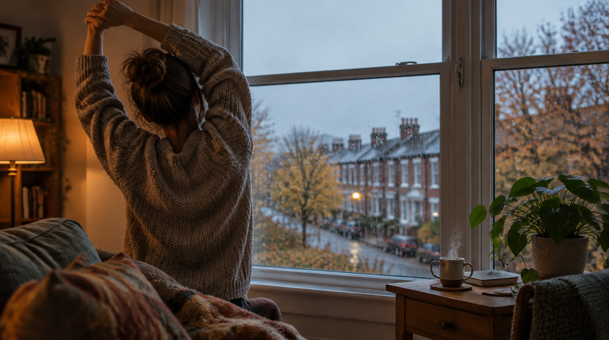 Woman in a knit jumper stretching by a rainy window on a dark autumn morning, feeling tired in winter in a cosy UK home