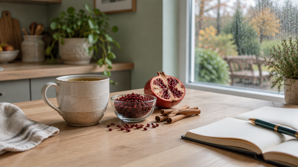 Herbal tea, dried barberries, cinnamon sticks and pomegranate on a kitchen worktop, illustrating a berberine UK guide