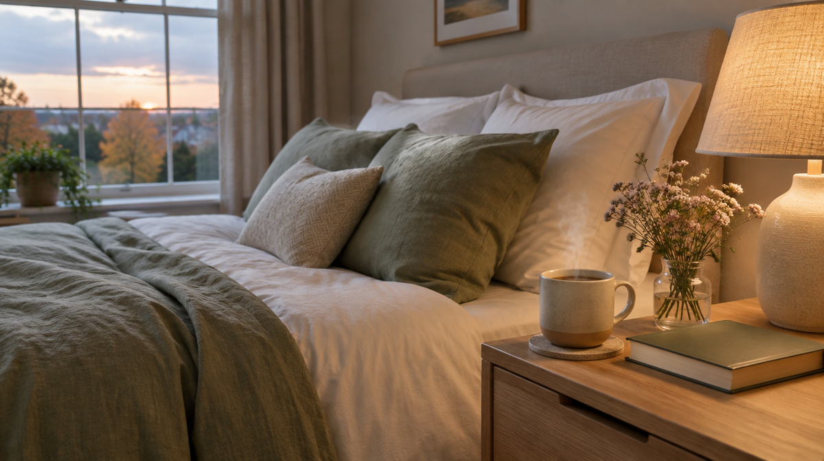 Calm bedroom bedside table with herbal tea, dried valerian flowers and a soft lamp, illustrating valerian root for sleep