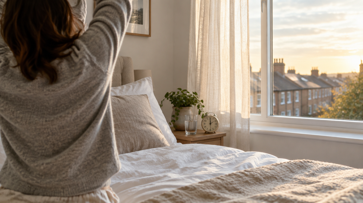 Sunlit modern UK bedroom at sunrise with an alarm clock on the bedside table, illustrating how to wake up early