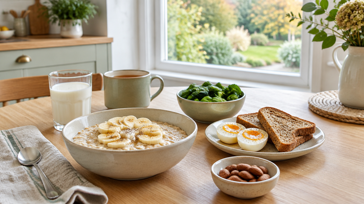 Breakfast table in a bright UK kitchen with porridge, eggs, wholegrain toast and leafy greens, foods that provide vitamin B complex
