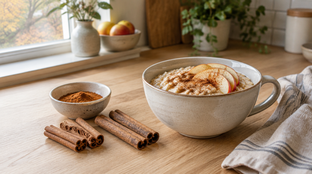 Ceylon cinnamon quills and ground cinnamon beside porridge on an oak kitchen worktop in soft autumn light