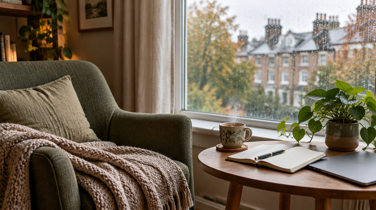Calm armchair by a rainy window with herbal tea and a notebook, a restful scene for how to recover from burnout