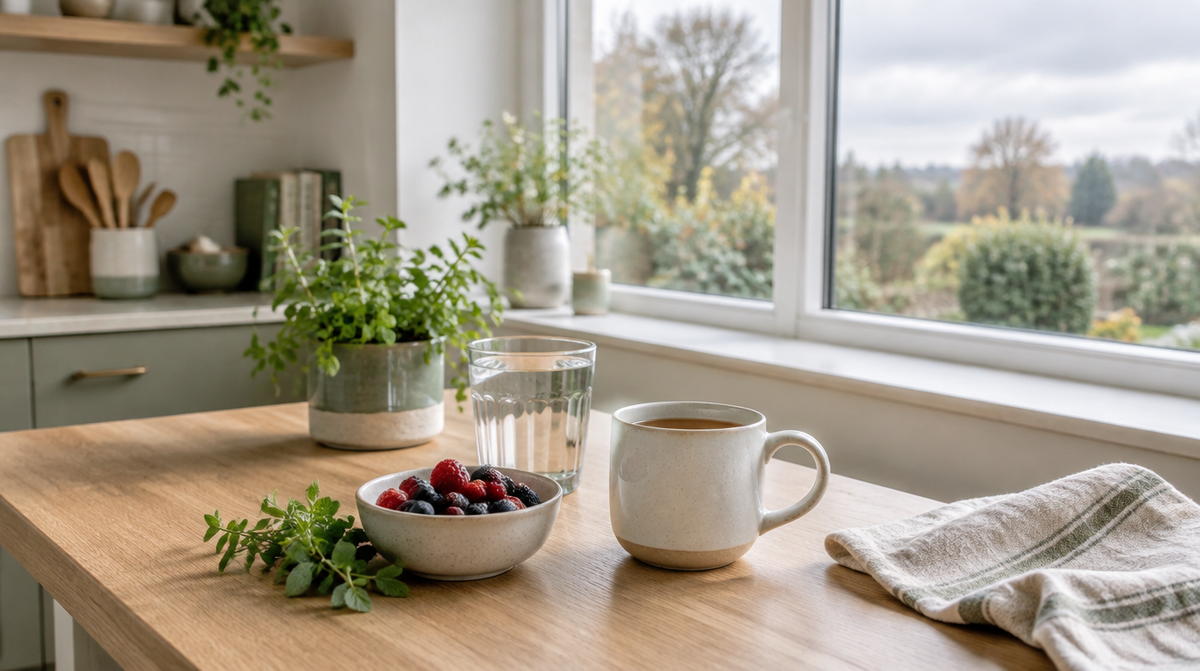 Calm, sunlit UK kitchen worktop with tea, water and fresh berries, illustrating a guide to NAC supplements