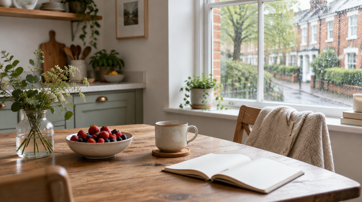 Calm, sunlit UK kitchen table with tea and fresh berries, illustrating a guide to NMN benefits and healthy ageing