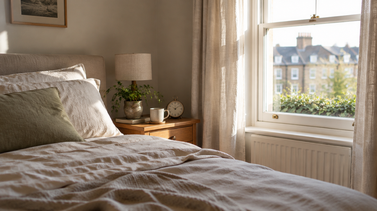 Calm UK bedroom bathed in soft morning daylight, illustrating how to fix your sleep schedule with a regular wake-up time