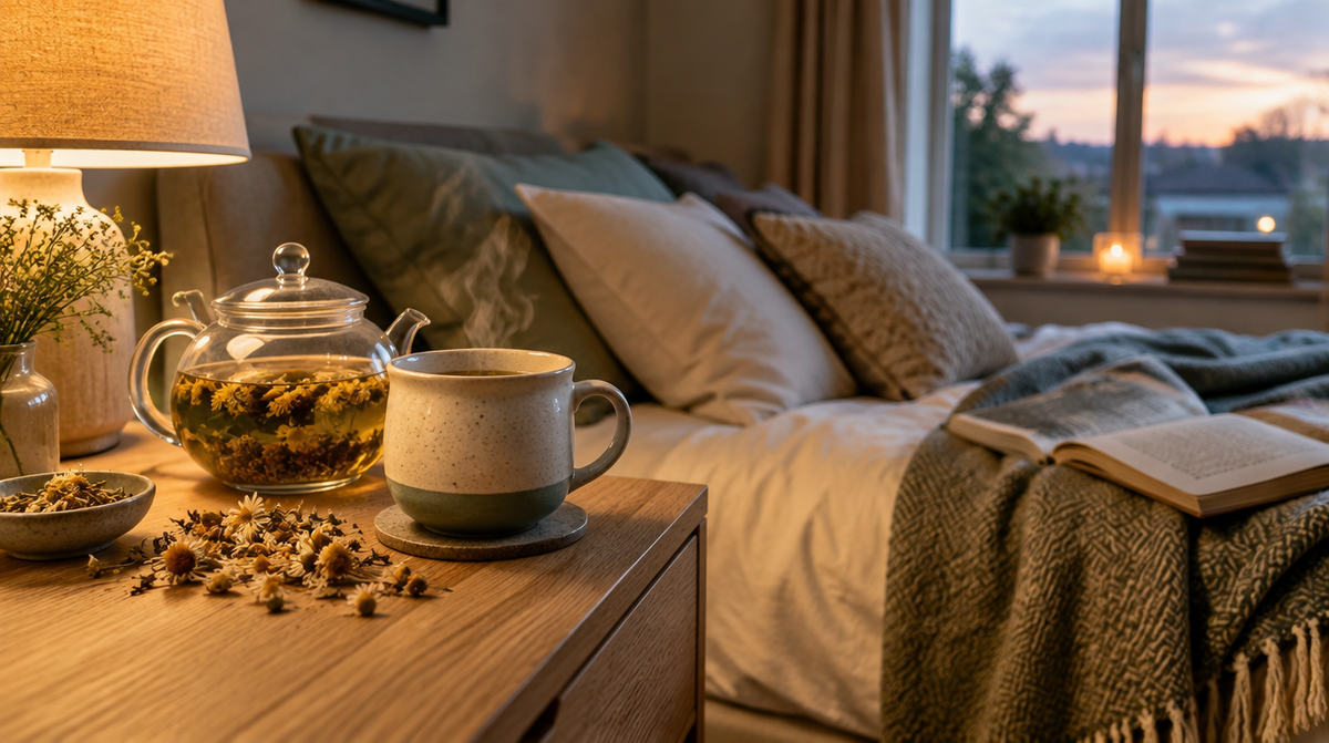 A mug of herbal sleep tea with dried chamomile flowers on a bedside table in a calm, softly lit bedroom