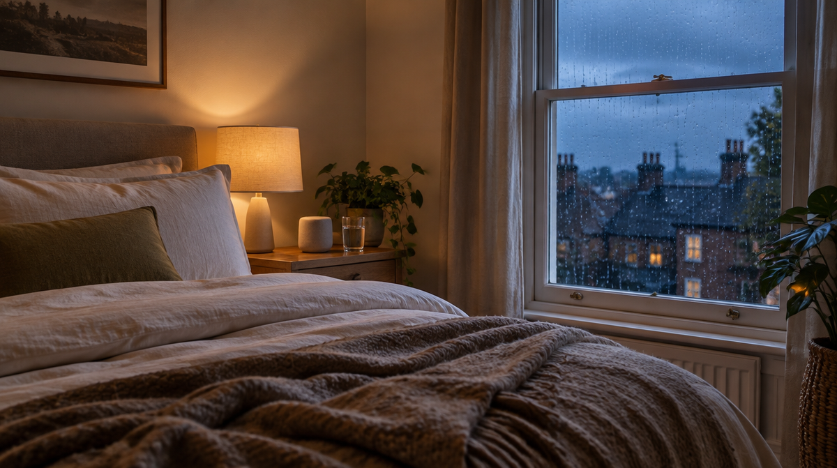 Calm UK bedroom at dusk with a bedside speaker playing brown noise for sleep and rain on the window