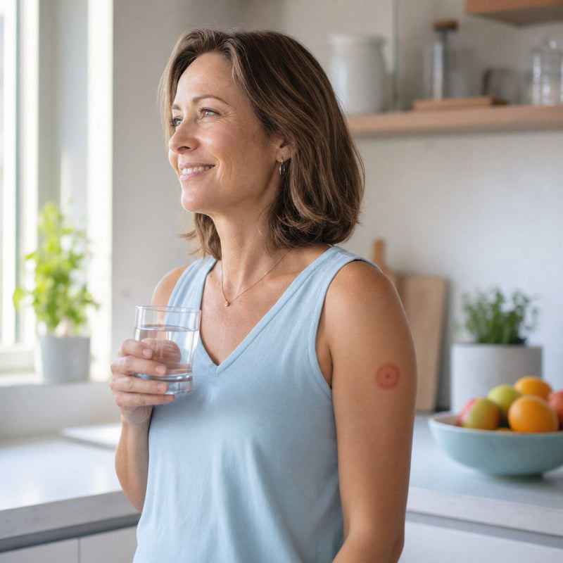 Woman in kitchen wearing an Energy patch