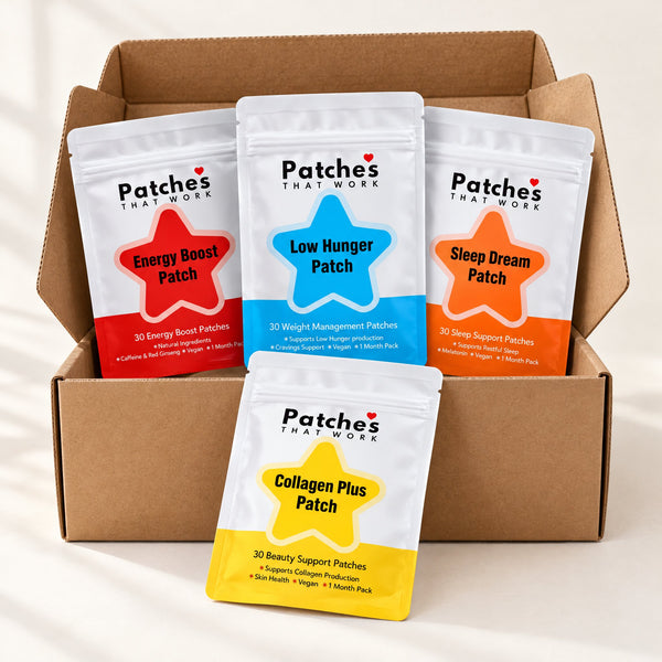 Patches That Work pouches in a kraft box